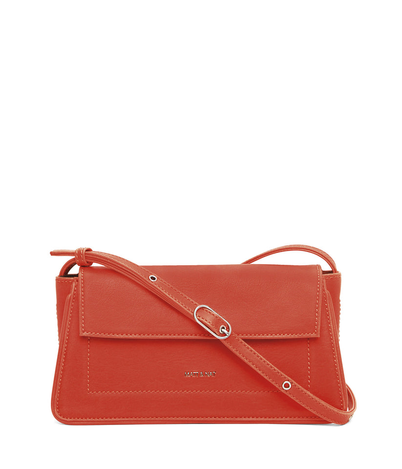 ﻿Structured crossbody bag with an adjustable strap and flap closure. Slip pocket at exterior back fits an iPhone 11 Pro Max. *Note: Colour is slightly more orange than photos depict.*