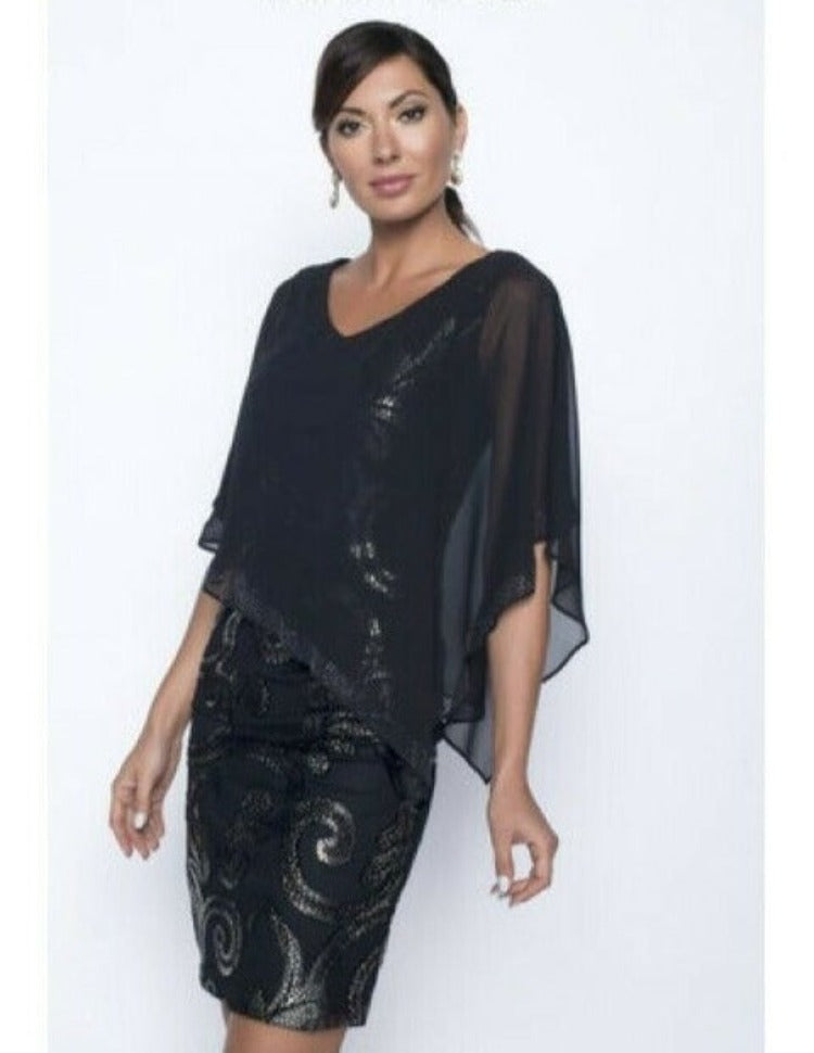 Frank Lyman Embellished Overlay Dress  This Frank Lyman Embellished Overlay Dress is the picture of glamour! This stunning dress features a  v-neckline, sheer asymmetrical overlay with black rhinestone embellishments, as well as a gorgeous metallic appliqué underneath.