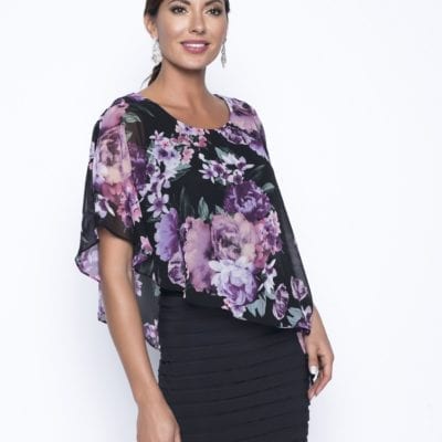Frank Lyman Floral Overlay Dress  Timeless and feminine, this Floral Overlay Dress from Frank Lyman is a solid choice for any occasion. This figure-flattering dress features a round neckline, asymmetrical floral overlay and a ribbed skirt with just the right amount of stretch